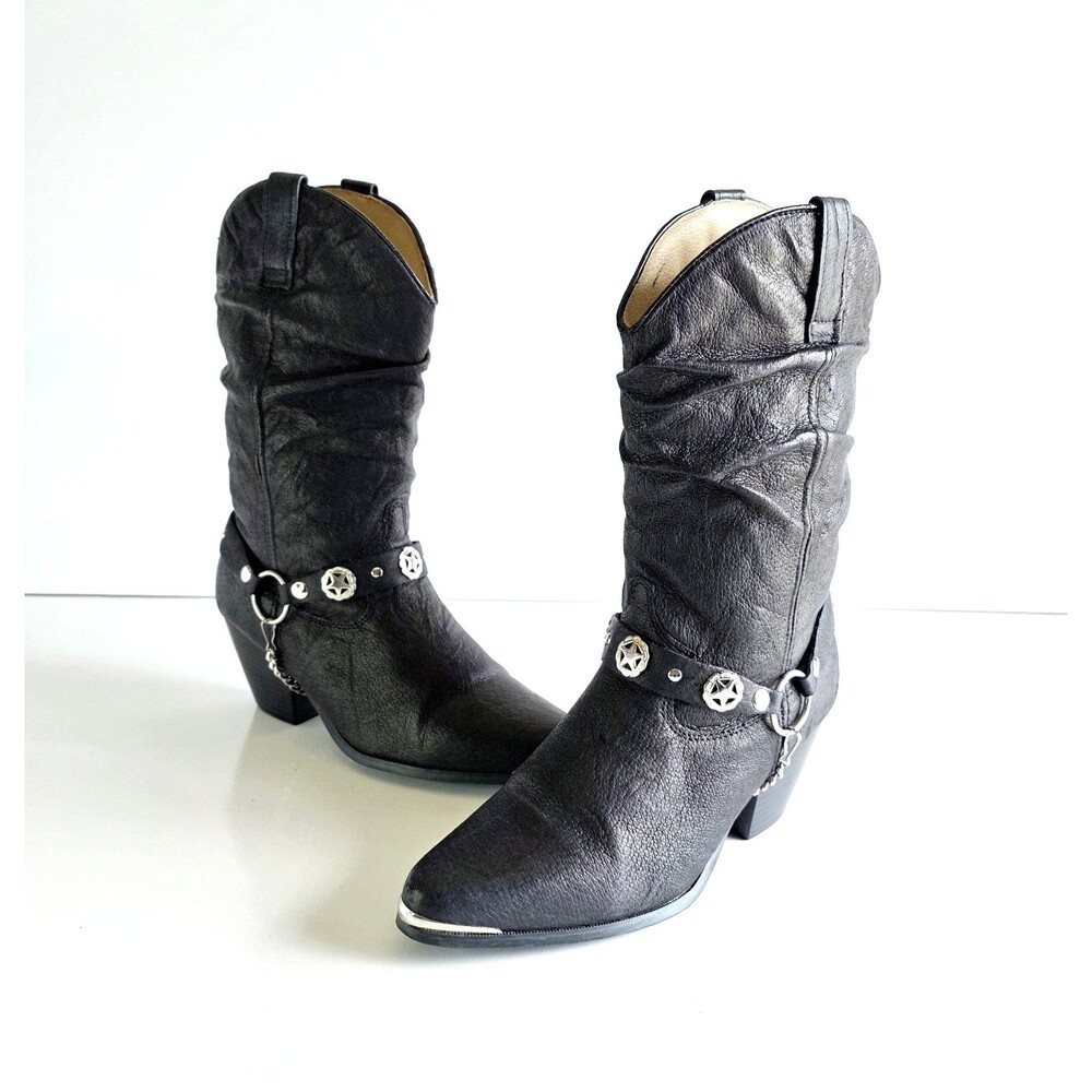 DINGO Olivia Black Leather Boots Sz 9 Silver Star Concho Strap Cowgirl Heeled